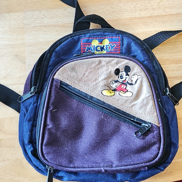 Retro Mickey Unlimited Maroon & Blue Suede Front Embroidered Backpack 10"x8" - Picture 1 of 8